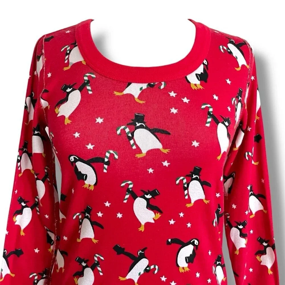 Hanna Andersson Womens Pajama Top Sz Small Red Organic Cotton Penguin Candy Cane